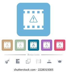 Movie warning white flat icons on color rounded square backgrounds. 6 bonus icons included