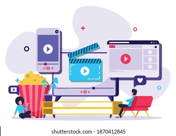 Movie watching concept illustration of young people using mobile gadgets, tablet pc and smartphone for live watching a video via internet. Tiny people illustration. Vector illustration