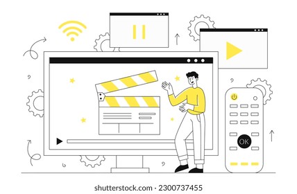 Konzept für Filmbeobachtung. Mann, der in der Nähe des Monitors steht, mit Klappbrett und TV-Fernbedienung. Schauen Sie sich Serien im Internet an, interessante Unterhaltungsinhalte. Lineare flache Vektorgrafik