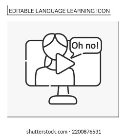  Movie watching line icon. Watch films with subtitles. Language practice. Listening native speakers. Language learning concept. Isolated vector illustration. Editable stroke
