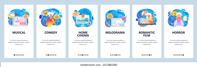 Movie web site and mobile app onboarding screens. Menu banner vector template for website and application development with blue gradient dynamic liquid abstract shapes.