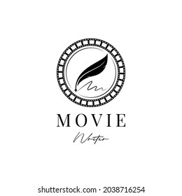 movie writer cinema film production with filmstrip and quill feather pen logo design