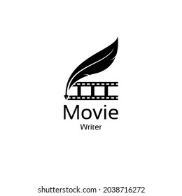 Movie Writer Cinema Film Production With Filmstrip And Quill Feather Pen Logo Design