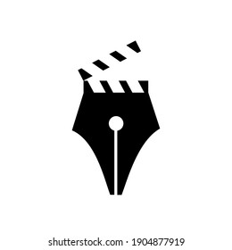 movie writer concept pen nib writer with film reel vector logo icon design illustration