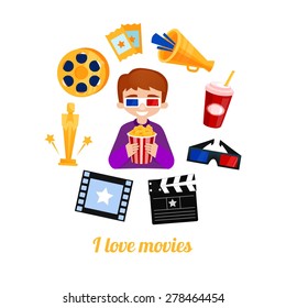 Moviegoer cinema icons vector set. I love ?inema background