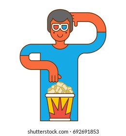 Moviegoer at cinema with popcorn. Stereo glasses. Watch movie
