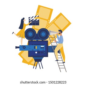 Moviemaking Studio Working Process. Director Stand on Ladder with Megaphone, Woman Assistant with Clapperboard Stand on Huge Videocamera. Entertainment Industry Staff. Cartoon Flat Vector Illustration