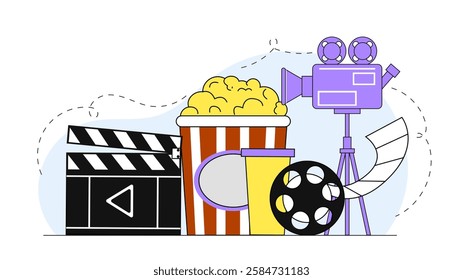 Movie-related objects including popcorn, film reel, camera, and clapperboard in a flat style on a white background. Concept of cinema