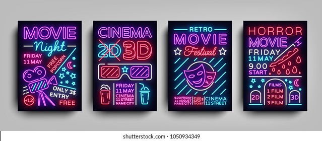 Movies 3d collection posters design templates in neon style. Set neon sign, light banner, bright flyer, design typography postcard, brochure, advertising neon night for Cinema. Vector Illustrations