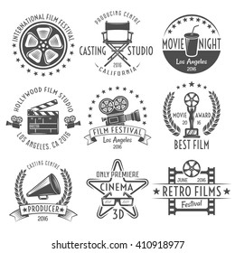 Movies black white emblems set with reel chair clapper megaphone award projector and inscriptions isolated vector illustration