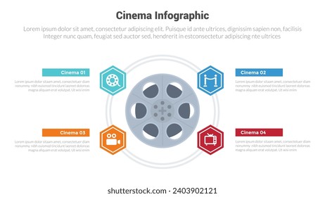 movies or cinema infographics template diagram with old vintage camera roll film with 4 point step creative design for slide presentation