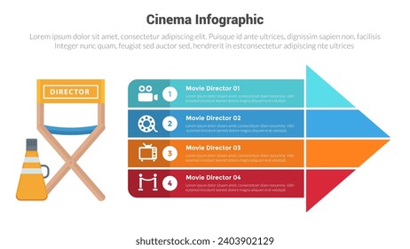 movies or cinema infographics template diagram with director chair and loudspeaker with 4 point step creative design for slide presentation