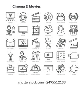 Movies und Cinema Line Vektorgrafik Icon Kollektion. Eine Reihe von Umrisssymbolen in Bezug auf Film, Video, Kamera, Popcorn, Poster, Soundtrack, Festival, Bildschirm und mehr. Bearbeitbarer Strich. Vektorillustration