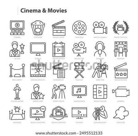 Movies and Cinema Line Vector Icon Collection. A set of outline icons related to Movie, Video, Camera, Popcorn, Poster, Soundtrack, Festival, Screen and more. Editable stroke. Vector illustration