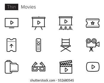 Movies, Cinema, Videos Line Vector Icons set