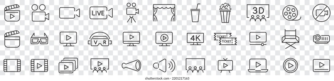 Películas Colección de iconos de línea de cines Vector de trazo editable