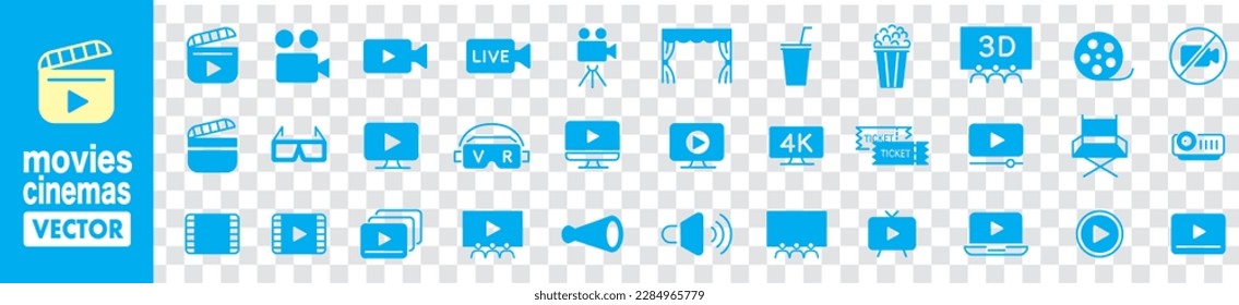 Movies Cinemas line icons collection Editable stroke vector