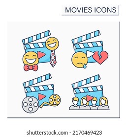 Los iconos de color de las películas están configurados. Comedia, drama y películas documentales. El concepto de animación. Ilustraciones vectoriales aisladas