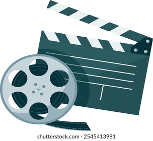 Conceito de filmes - clapperboard, bobina com fita - ótimo para tópicos como fazer filmes, cinema, cinema, cinema etc.
