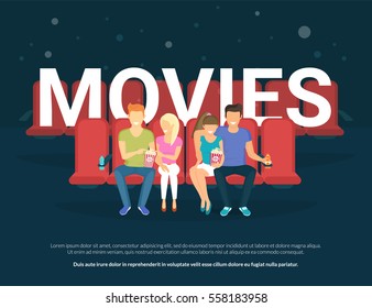 Movies Concept Illustration Of Young People Sitting On The Cinema And Enjoy The Film. Flat Illustration Of Two Couples Watching Movie And Big Letters Behind Them