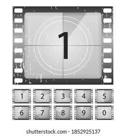 Movies countdown vectors set. Big set a classic film countdown frame at the number one, two, three, four, five, six, seven, eight and nine. Old film movie timer count. Vector Illustration, eps 10.