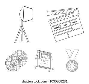 Movies, discs and other equipment for the cinema. Making movies set collection icons in outline style vector symbol stock illustration web.