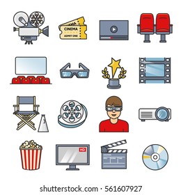 Movies element set. Cinema icons collection. Outline flat isolated vector illustration.