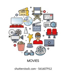 Movies element set in round form. Cinema icons collection. Outline flat isolated vector illustration.
