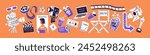 Movies items set. Film industry. Cinematography accessories: cinema tickets, tape reel, video cameras, clapperboard, popcorn, soda drink, videotape, Oscar symbol. Flat isolated vector illustrations