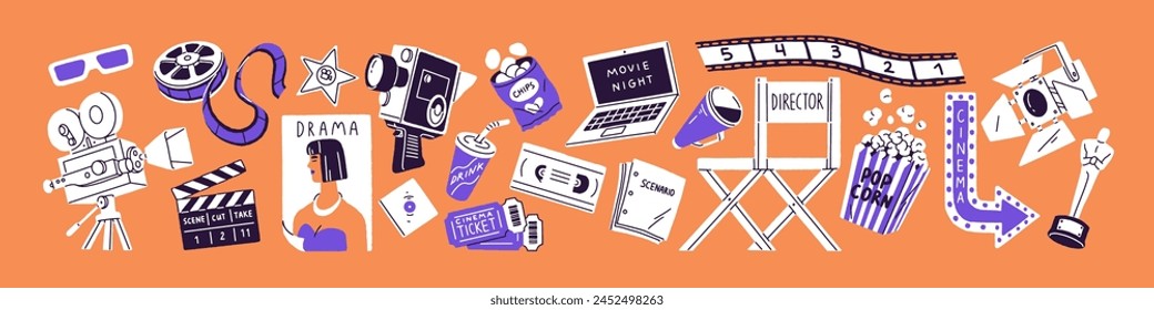 Movies items set. Film industry. Cinematography accessories: cinema tickets, tape reel, video cameras, clapperboard, popcorn, soda drink, videotape, Oscar symbol. Flat isolated vector illustrations