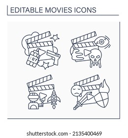 Movies line icons set. Action, horror, sci-fi and historical drama movies. Entertainment concept. Isolated vector illustrations. Editable stroke