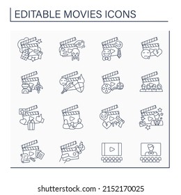 Movies line icons set. Main film genres and equipment. Entertainment concept. Isolated vector illustrations. Editable stroke