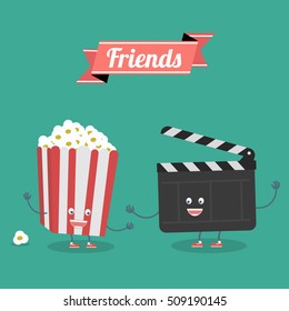 Movies and popcorn friends forever. Vector cartoon. Movies, cinema Fast food