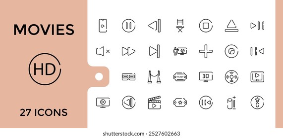 Movies Related to Cinema line Icons set, Stroke Design Realatate to Such Theater, Film, Disc, Drama, Bullhorn, Projector and more. Editable thin line icon collection for web and ui, Pixel perfect.