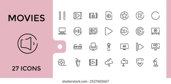 Movies Related to Cinema line Icons set, Stroke Design Realatate to Such Theater, Film, Disc, Drama, Bullhorn, Projector and more. Editable thin line icon collection for web and ui, Pixel perfect.