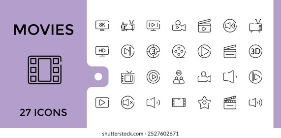 Movies Related to Cinema line Icons set, Stroke Design Realatate to Such Theater, Film, Disc, Drama, Bullhorn, Projector and more. Editable thin line icon collection for web and ui, Pixel perfect.