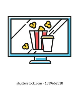 Movies and television color icon. Watching films, tv shows. Modern online video technology. Popcorn and drinks. E commerce department, shopping categories. Isolated vector illustration