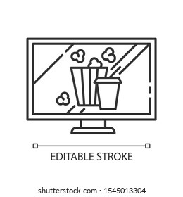 Movies and television linear icon. Watching films, tv. Popcorn, drinks. E commerce department categories. Thin line illustration. Contour symbol. Vector isolated outline drawing. Editable stroke