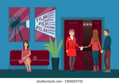 Movies theater interior, cinema hall worker and viewers vector. Woman with ticket on couch check-taker, video camera picture on wall, plant and entrance