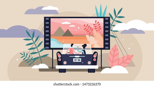 Movies vector illustration. Flat tiny media film theater persons concept. Outside drive in digital multimedia entertainment with projection screen performance. Abstract cinematography visualization.