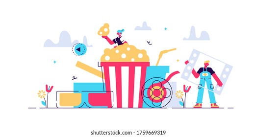 Movies vector illustration. Flat tiny media film theater persons concept. Abstract popcorn, 3D glasses, softs and cinema visualization. Leisure, relaxation and entertainment process with television.