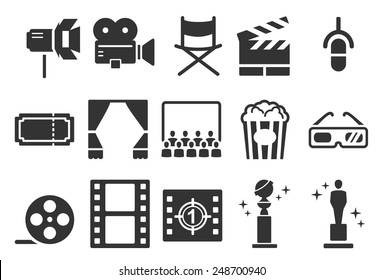 Movies vector illustration icon set. Included the icons as camera, film, awards, entertainment, popcorn, 3d and more.