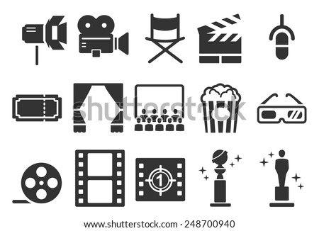 Movies vector illustration icon set. Included the icons as camera, film, awards, entertainment, popcorn, 3d and more.