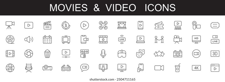  Video Películas e iconos de cine, iconos de línea de trazo editable, sobre fondo blanco. Fotografía, multimedia, en vivo, cámara, juego, medios de comunicación, Ilustración vectorial