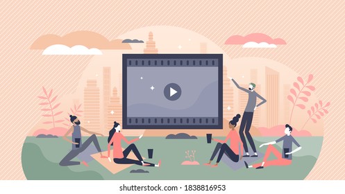 Movies watching outdoors in park or garden with friends tiny person concept. Video screen for projector party and cinema entertainment vector illustration. Urban leisure, relaxation and chill method.