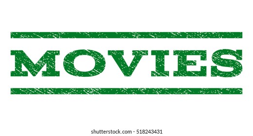 Movies watermark stamp. Text tag between horizontal parallel lines with grunge design style. Rubber seal stamp with scratched texture. Vector green color ink imprint on a white background.