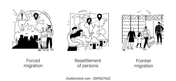 Moving abroad abstract concept vector illustration set. Forced displacement, resettlement of persons, frontier migration, refugee camp, border patrol control, immigrant abstract metaphor.