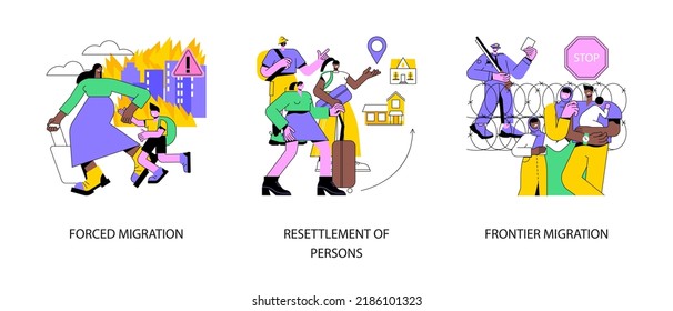 Moving abroad abstract concept vector illustration set. Forced displacement, resettlement of persons, frontier migration, refugee camp, border patrol control, immigrant abstract metaphor.