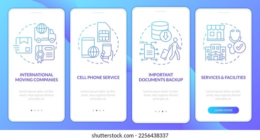 Moving abroad guide blue gradient onboarding mobile app screen. Relocating walkthrough 4 steps graphic instructions with linear concepts. UI, UX, GUI template. Myriad Pro-Bold, Regular fonts used