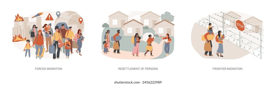 Moving abroad isolated concept vector illustration set. Forced displacement, resettlement of persons, frontier migration, refugee camp, border patrol control, immigrant vector concept.